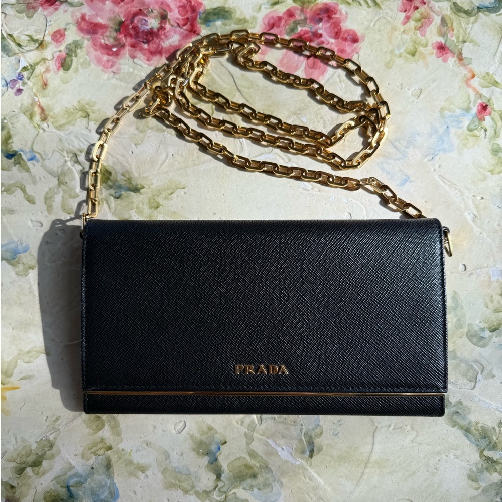 Prada Saffiano Leather Wallet on Chain WOC • Black with Gold Hardware